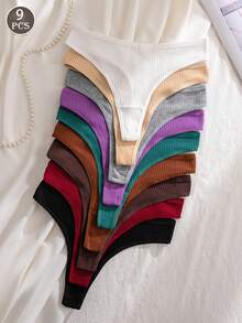 9pcs Women's Solid Color Ribbed Sexy Thong Comfortable Ribbed Panties - Multicolor - View 2