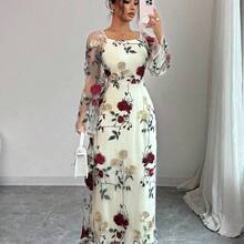 Vestido elegante con cuello cuadrado y transparente, con bordado floral, adecuado para reuniones y ocasiones formales, ropa de resort para primavera/verano (bordado aleatorio) - azul real - Ver 2