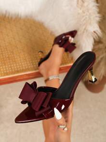Sandal Hak Tinggi Ujung Lancip dengan Hiasan Pita untuk Wanita, Sepatu Hak Tebal Serbaguna dengan Tali Belakang, Cocok untuk Pernikahan dan Kencan, Sandal Hak Tinggi Ujung Lancip dengan Tali Belakang untuk Wanita, Gaya Serbaguna untuk Pernikahan dan Kencan - Burgundy - View 8