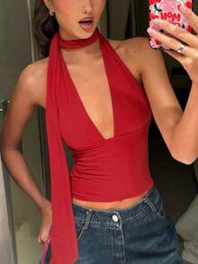 Top corto con espalda descubierta y atar, elegante y para fiestas y uso casual en verano - Rojo - Ver 1