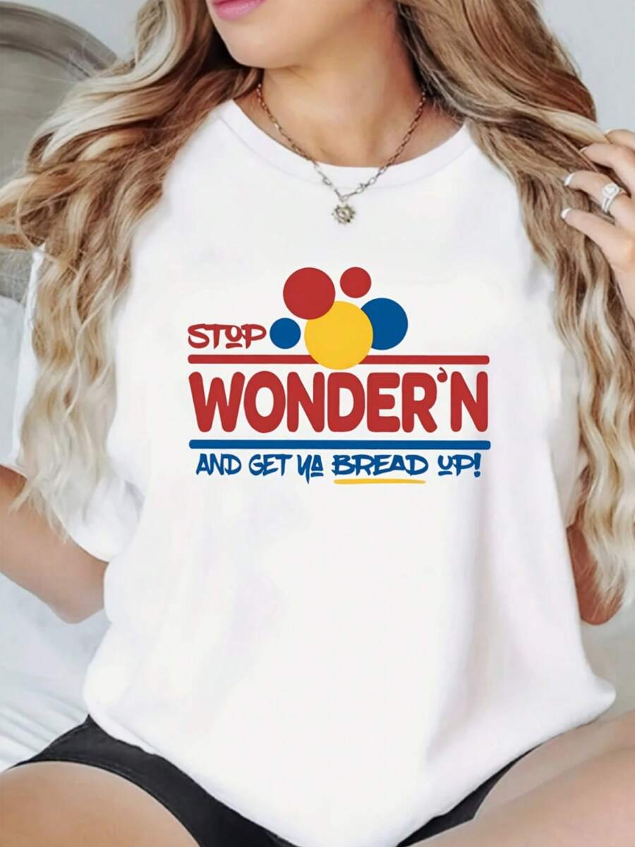 Camiseta Holgada de Gran Tamaño con Estampado WONDER para Mujer - Tejido de Poliéster Casual con Cuello Redondo, Comodidad para Todas las Temporadas, Top Festivo para Vacaciones, 1 Pieza, 20 - negro - Ver 1