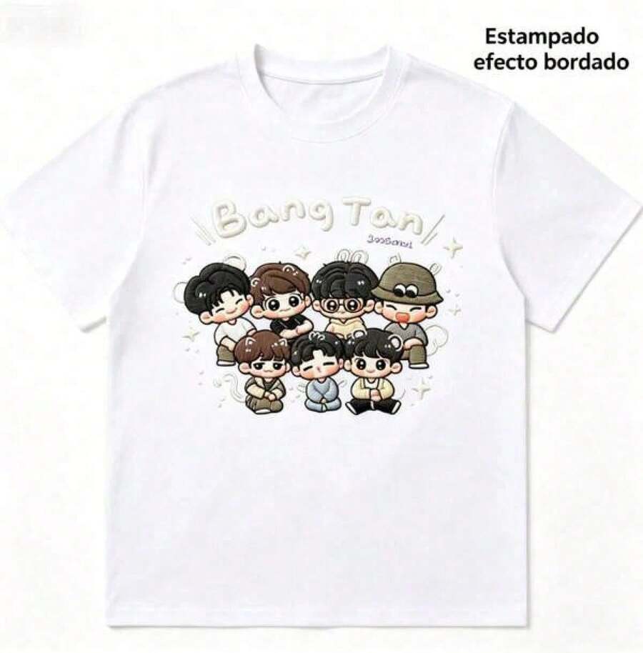Camiseta  "Bang Tan" con Personajes Chibi, Estampado Efecto Bordado (No Real) - Negro - Ver 1