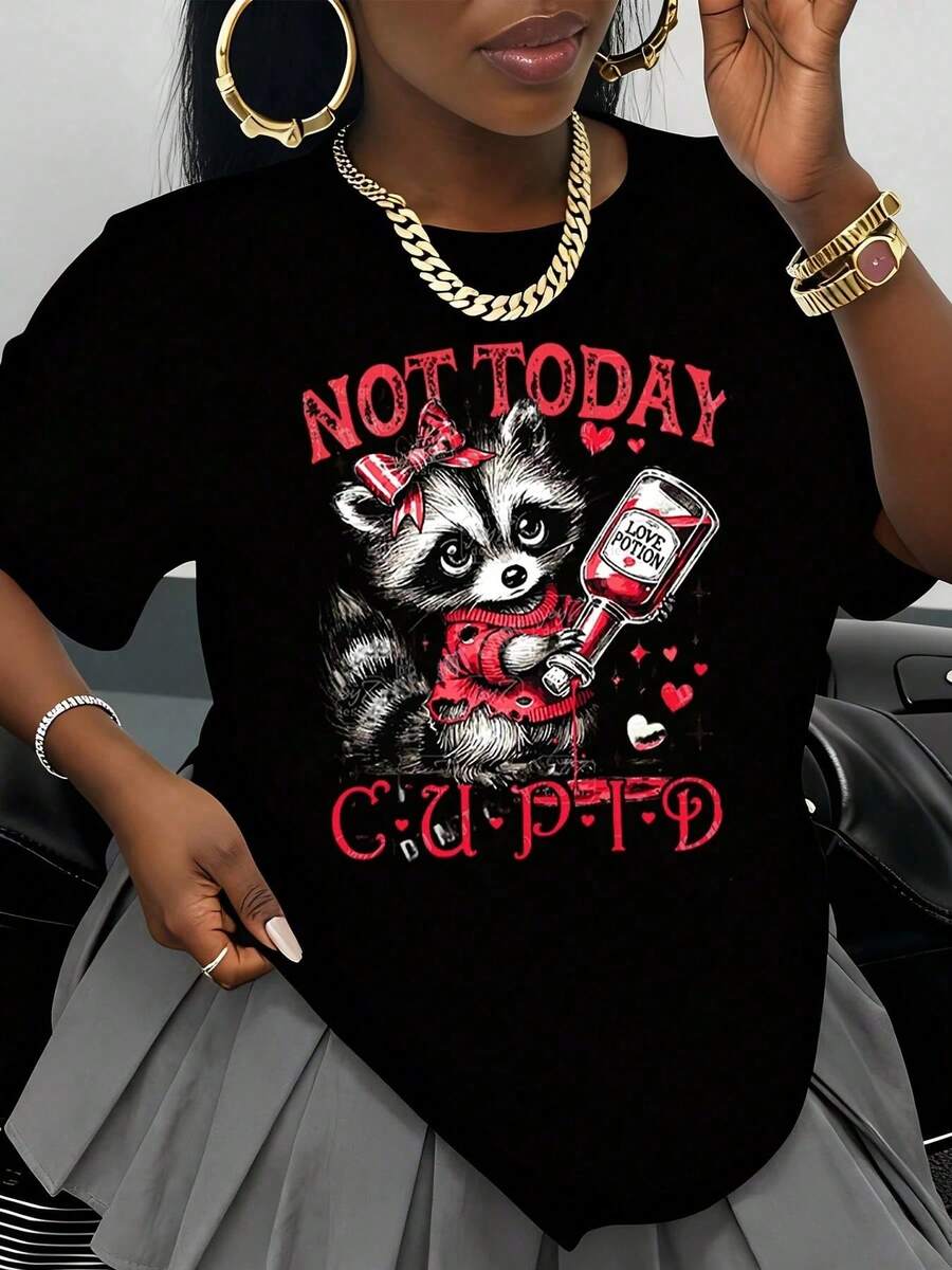 No hoy, Cupido, Mapache, Poción de Amor, Camiseta Gráfica Divertida para el Día de San Valentín para Mujer, Camiseta Blanca con Estampado de Animal Bonito, Regalo de San Valentín - Negro - Ver 1