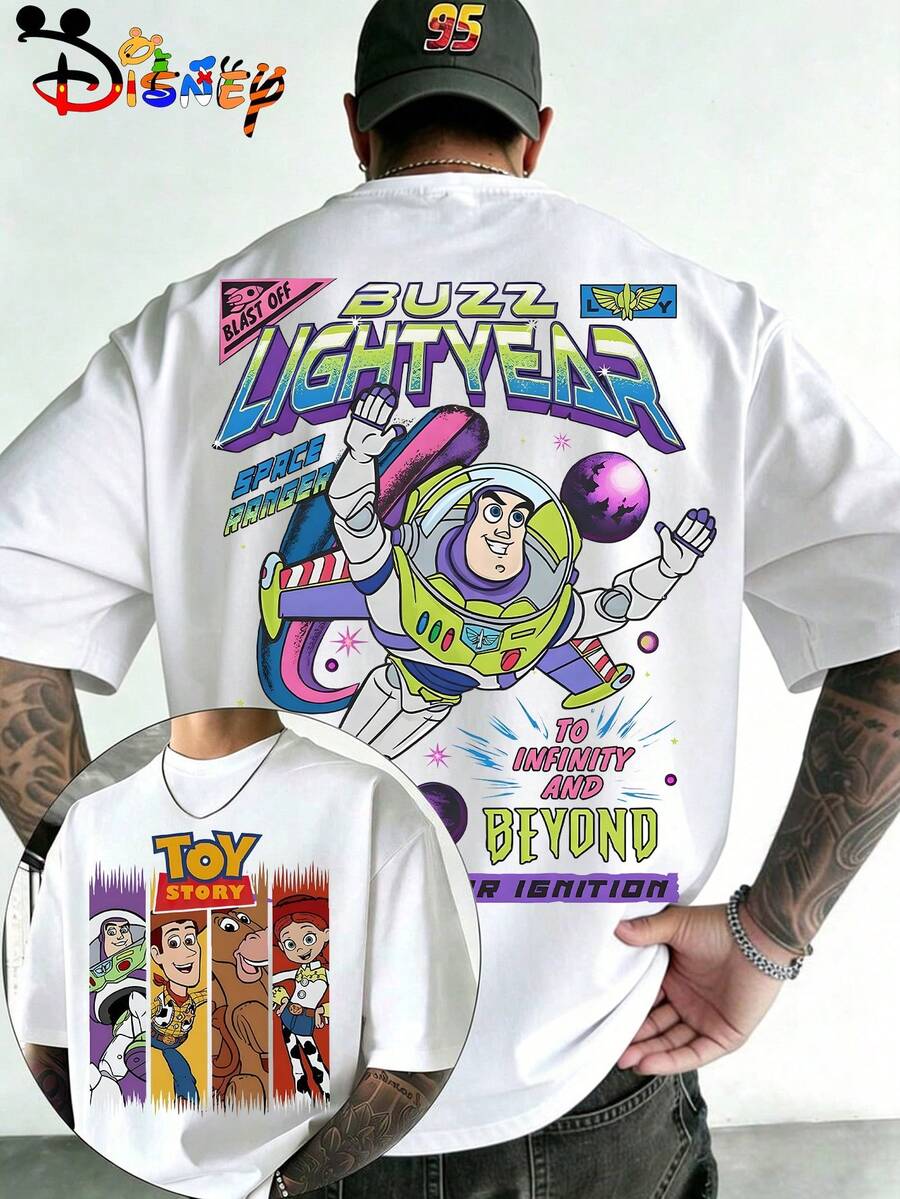 Disney Licensed Buzz Lightyear Retro Graphic Tee, Men's Oversized Casual Crew Neck T-Shirt, Toy Story Space Print White Streetwear - White - View 1