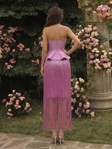Novo Conjunto de Vestido de 2 Peças com Franjas de Diamante para Mulheres Moda Outono - Malva - Visão 7