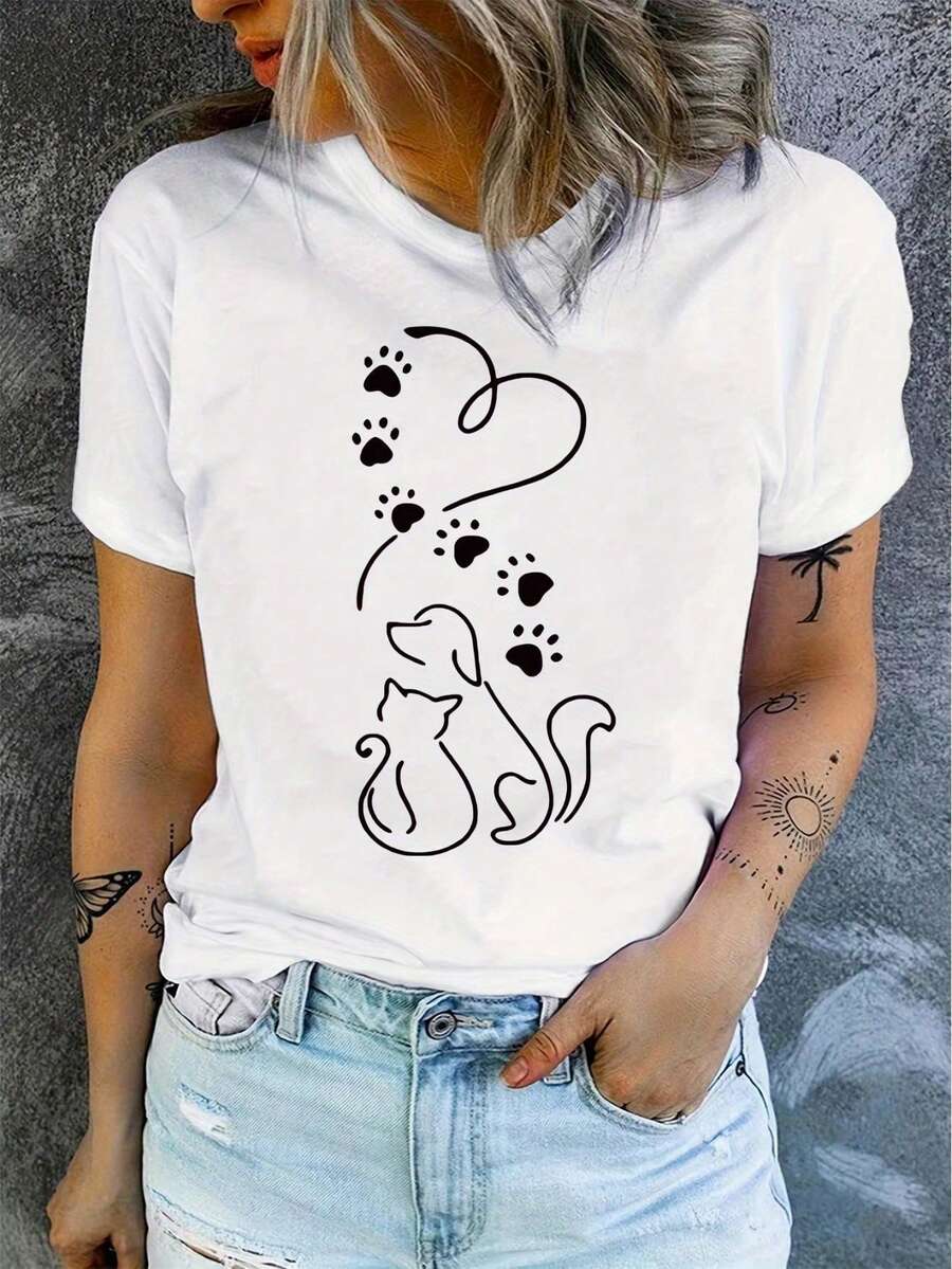 Camiseta casual transpirable para mujer con estampado de animales y corazones, cómoda y de cuello redondo HINJ - Negro - Ver 1