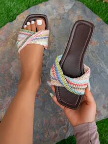 Women's Colorful Striped Woven Raffia Design Square Toe Flat Sandals, Casual Summer Outdoor Slides - Red - View 2