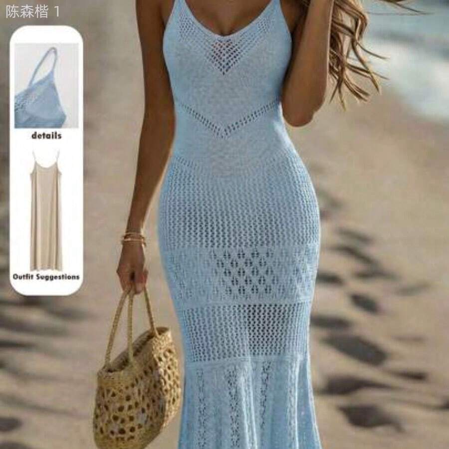 jianchaimaoyi02 Holidaya Nuevos vestidos de verano para mujer, vestido maxi de punto calado beige - tirantes finos, escote en V, patrón de encaje en capas, cintura ajustada, - Celeste - Ver 1