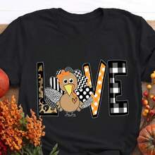 Top de cuello alrededor con estampado de pavo de Acción de Gracias, camisetas cortas y casuales para mujeres, 4 de julio, look de vacaciones para mujeres, ropa de verano para mujeres, ropa p - Negro - Ver 1