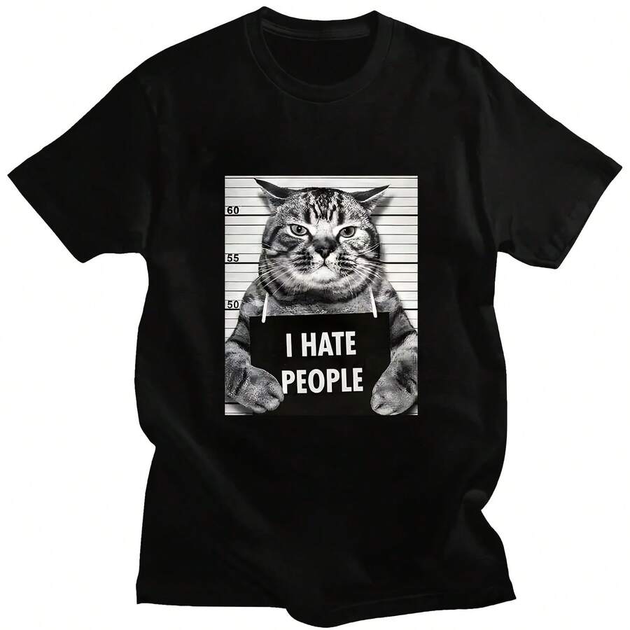 Camiseta con estampado I Hate People Meow, camisetas divertidas con estampado de gato, ropa holgada de calle de manga corta para mujerhombre, ropa informal 100% de algodón - Multicolor - Ver 1