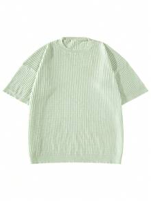 Men's Crew Neck Loose Knit T-Shirt, Casual Versatile Solid Color Top For Summer Daily Wear - Green - View 2