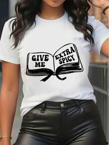 Damen Kurzarm T-Shirt aus reiner Baumwolle mit Grafik, lässig, lustiger Buchdruck "Gib mir extra scharf" Slogan Shirt für den Alltag - Weiss - Übersicht 6