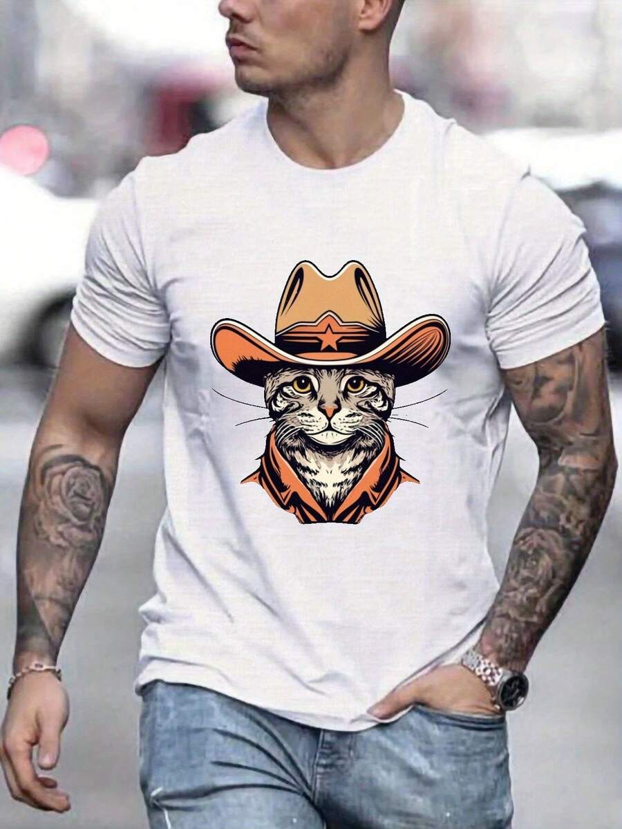 Men's Casual Short Sleeve T-Shirt With Unique Cat And Cowboy Hat Design - Soft Polyester, Machine Washable - 白色 - 查看 1