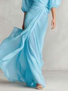 Long Dress With Deep V-Neck, Lantern Sleeves, Fitted, Ladylike Style, Autumn Party - 藍色 - 查看 3