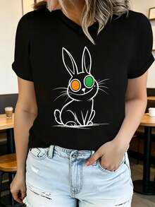 Modern T-Shirt With Eye-Catching Cartoon Animal Designs: A Uniquely Designed And Comfortable Women's Youth Garment, Available In Various Styles Including Rabbit, Dog, Hedgehog, Cat And Bear. - Hitam - View 1