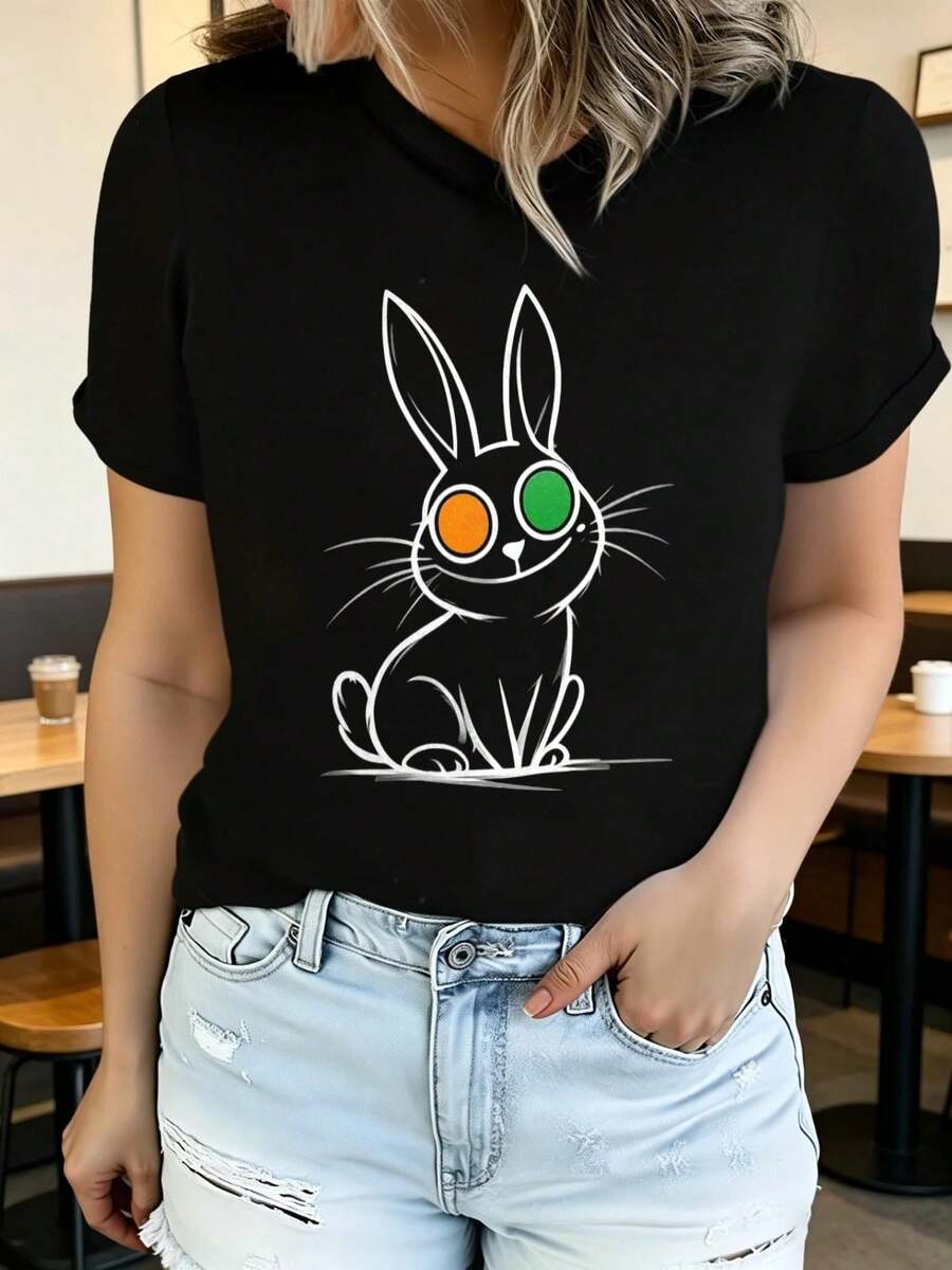 Modern T-Shirt With Eye-Catching Cartoon Animal Designs: A Uniquely Designed And Comfortable Women's Youth Garment, Available In Various Styles Including Rabbit, Dog, Hedgehog, Cat And Bear. - Hitam - View 1