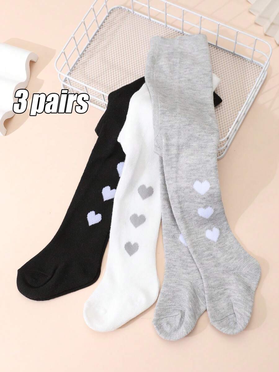 3 Pairs Girls' Heart Pattern Fitted Tights For Spring/Autumn, Suitable For Back To School Season Uniform Matching