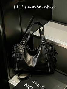 New Fashion Classic Multi-Functional Commuter Solid Color Large Capacity Retro PU Leather Shoulder Bag Handbag Wallet, Zipper Opening Design - Black - View 7