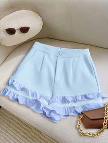 Pantalones cortos acampanados para mujer de unicolor, ajustados, con bolsillos reales, cintura ceñida, volantes 3D, cremallera, botón, para vacaciones, elegantes - Celeste - Ver 1