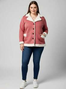 Vivi Women's Plus Size Coat With Button, Plush, Thick, Long Sleeve Winter - Dusty Pink - View 3