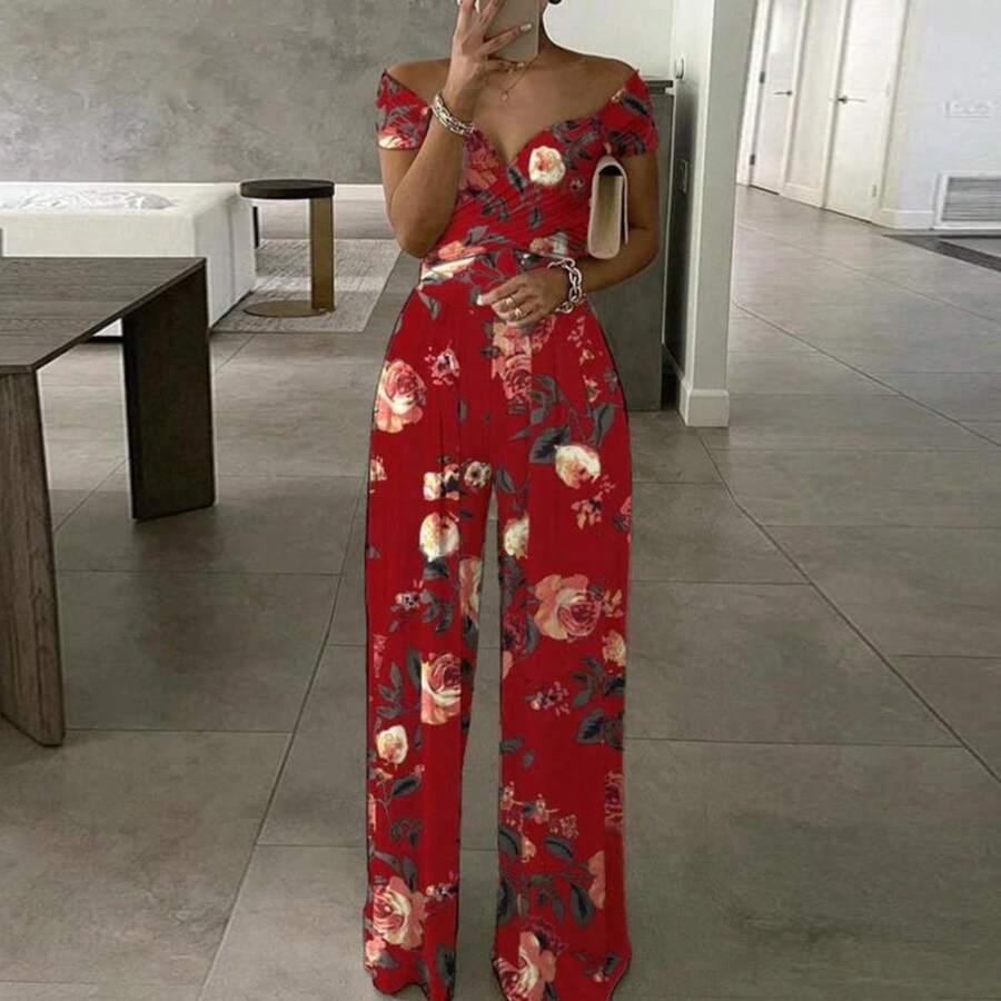 Fashionable Jumpsuit, New Spring Collection For Women, Printed, Off-The-Shoulder And High-Waisted, Elegant And Modern Style - 紅色印刷 - 查看 1