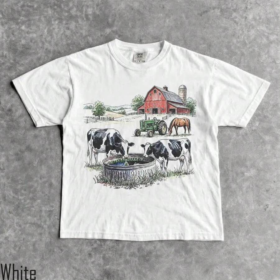 Camiseta estilo granja de los 90, camiseta gráfica unisex para hombre y mujer, camiseta vintage de estilo campestre, vida en el granero, camiseta con estampado de vacas, caballos y tractores - Blanco - Ver 1