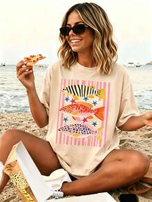 Fish Shirt,Women's  Summer Boho Tee - Coastal Beach T-Shirt, Striped Fish Trio Shirt , 2026-Cute Clothes,Beach Vacation Outfits Woman - 杏色 - 查看 1