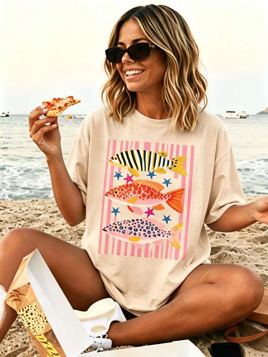 Fish Shirt,Women's  Summer Boho Tee - Coastal Beach T-Shirt, Striped Fish Trio Shirt , 2026-Cute Clothes,Beach Vacation Outfits Woman - 杏色 - 查看 1