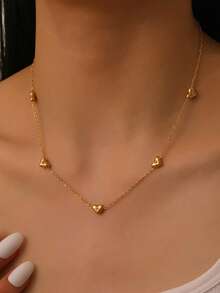 RAYQUEEN 1pc New Stainless Steel Heart-Shaped Rhinestone Pendant Necklace, Versatile Jewelry For Women, Suitable For Daily Wear And Holiday Gifts - Yellow Gold - View 4