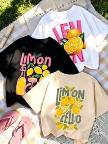 Set Of 3 Short-Sleeved Crew Neck T-Shirts With Minimalist Summer Lemon Print Design, Versatile And Fashionable Tops For Women - 黑色 - 查看 1
