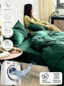 1 Funda nórdica + 2 Fundas de almohada, Juego de 3 piezas, Suave y amigable con la piel en color verde oliva, Lavable a máquina, Para todas las estaciones - Verde Oscuro - Ver 4