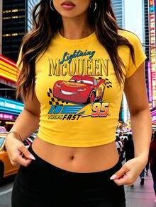 Official Disney T-Shirt Women Disney-Style "Cars" Lightning McQueen Theme Crop Top Sexy Fitted Spicy Tee Round-Neck Fitted Shirt Fan Gifts Summer Tee - 黃色 - 查看 1