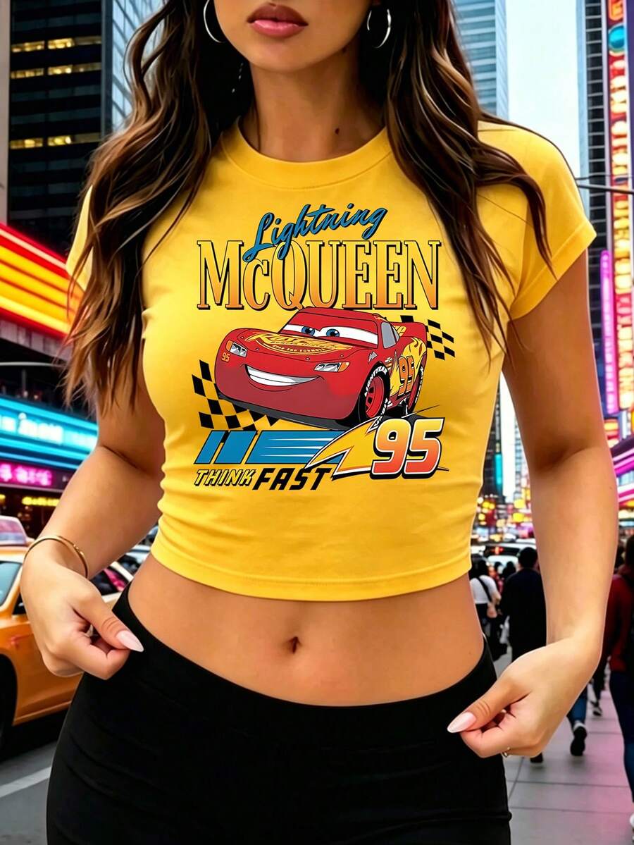 Official Disney T-Shirt Women Disney-Style "Cars" Lightning McQueen Theme Crop Top Sexy Fitted Spicy Tee Round-Neck Fitted Shirt Fan Gifts Summer Tee - 黃色 - 查看 1