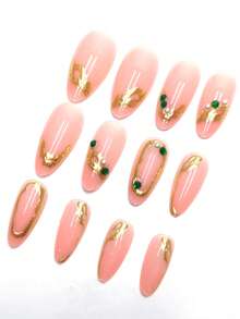 24pcs European And American Minimalist Asymmetrical Line French Design, Decorated With Various Rhinestones 3D Gold Foil Patterns, Medium Almond Shaped Fake Nails, Decorated With Various Sparkling Rhinestone Accessories, Suitable For Various Parties, Gatherings, Vacations, Comes With Tool Kit, Removable Fake Nails For Repeated Use, Nail Art Supplies. - Gold - View 3