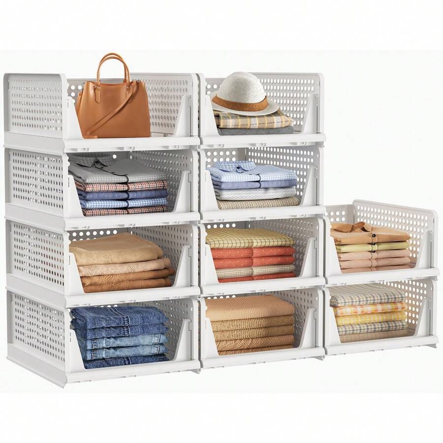 Stackable Plastic Storage Baskets, Foldable Organizer For Wardrobe, Bedroom & Bathroom - 10 piezas - Ver 1
