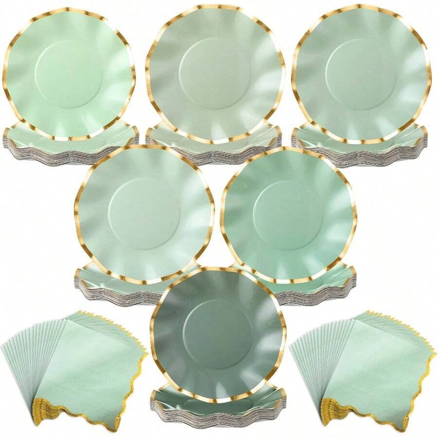 - Juego de 48 platos y servilletas de papel verde salvia, suministros de, platos de papel de postre de 8 pulgadas con borde de aluminio, servilletas festoneadas, vajilla desechable - Verde salvia + 48 - Ver 1