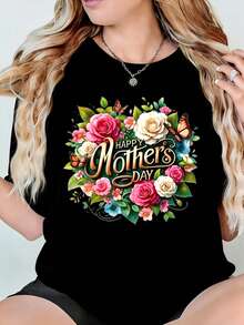 Camiseta de Mujer 1ps, Cómoda y Transpirable, Impresión por Transferencia de Calor 2D con Ramo Floral de Mariposas y Rosas para el Día de la Madre_1 Adecuada para Vestimenta Casual, Lavable - negro - Ver 1