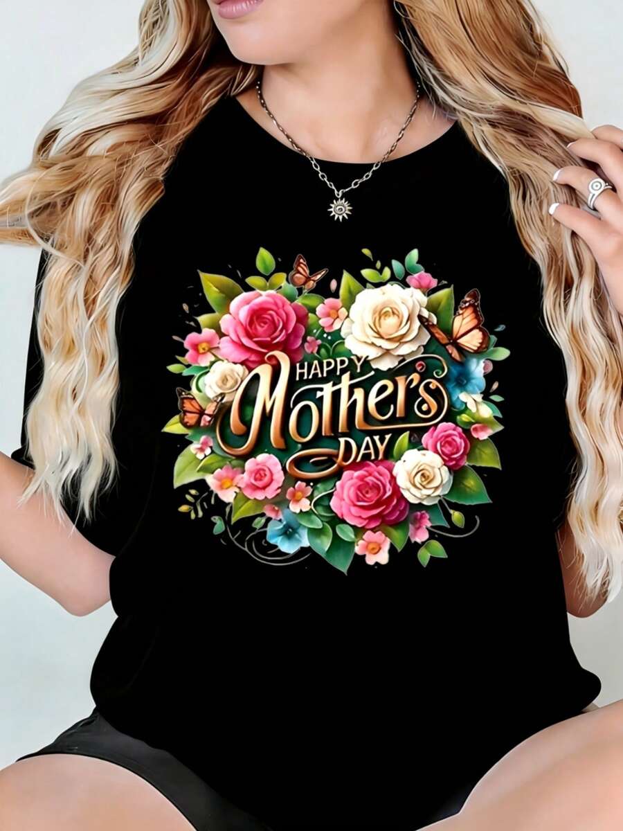 Camiseta de Mujer 1ps, Cómoda y Transpirable, Impresión por Transferencia de Calor 2D con Ramo Floral de Mariposas y Rosas para el Día de la Madre_1 Adecuada para Vestimenta Casual, Lavable - negro - Ver 1