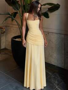Elegant Sleeveless Long Party Dress For Women, Solid Color, European Style, New Fashion Wrap Dress - 黃色 - 查看 2