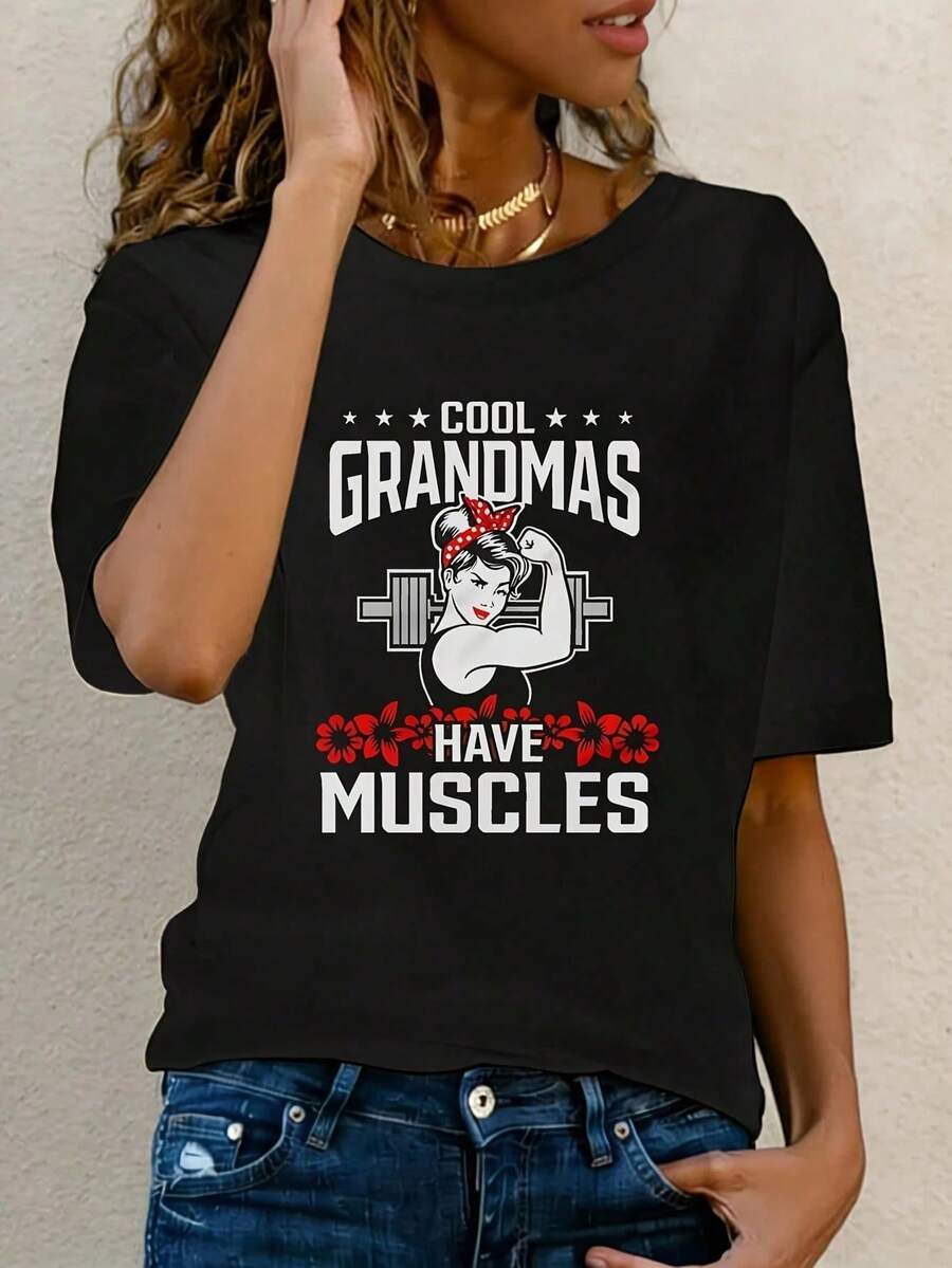 Camiseta de manga corta para mujer de talla grande con estampado "Abuelas geniales tienen músculos", cuello redondo, diseño novedoso, informal, divertida, de gran tamaño, 100% poliéster, 1 p - Negro - Ver 1