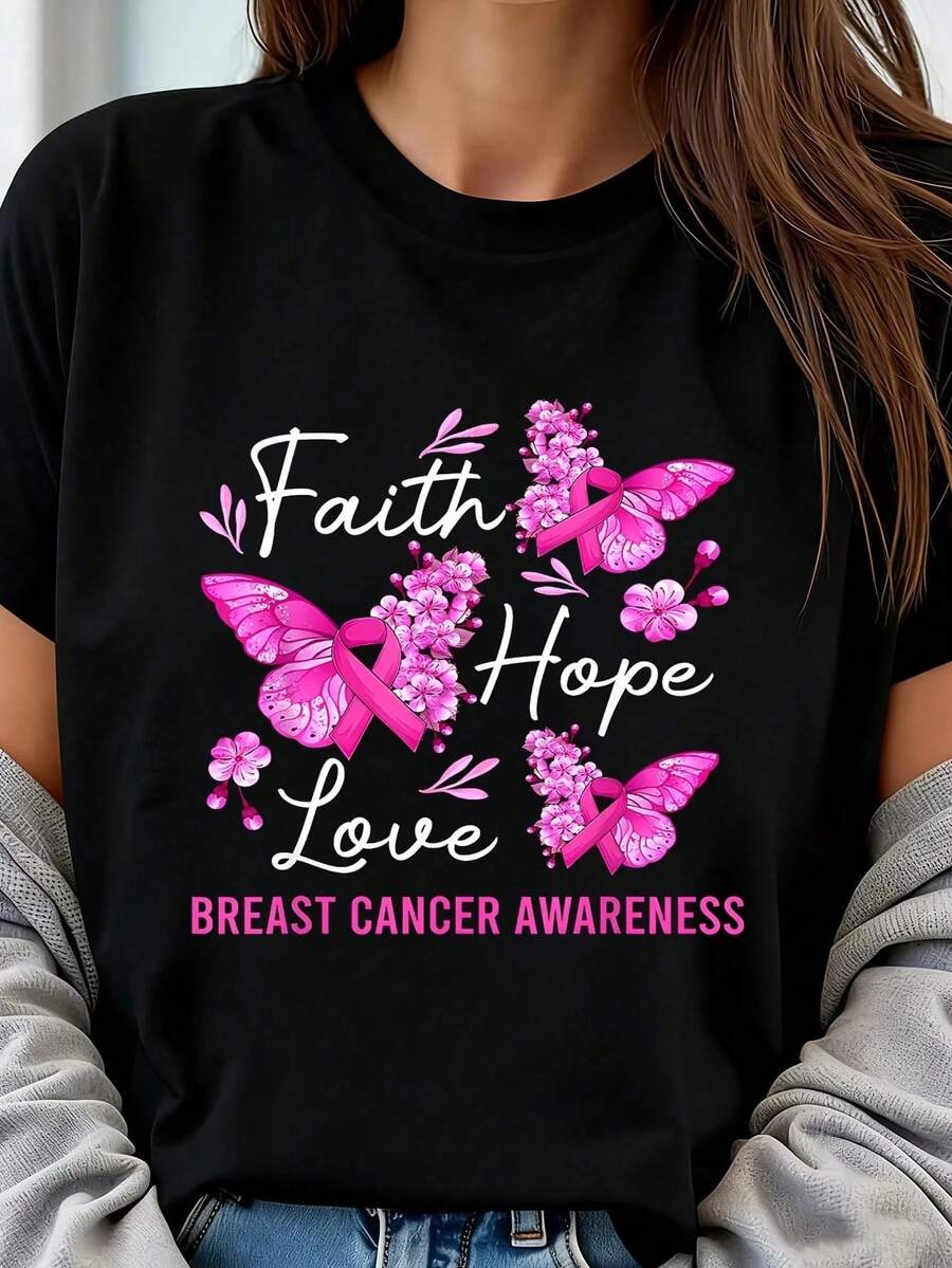 Women's Plus Size T-Shirt With Butterfly Design, Faith, Hope And Love, Breast Cancer Awareness Ribbon, 1 Piece, 220g Short Sleeve Graphic T-Shirt, Novelty, 100 - 黑色 - 查看 1