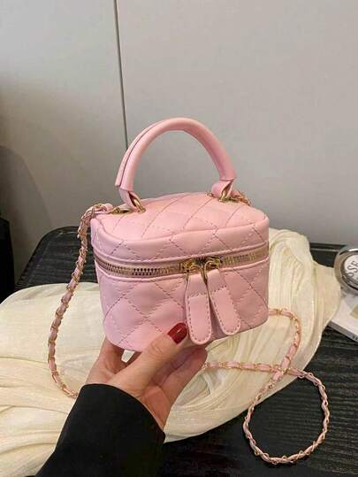 Pink Quilted Mini Square Box Crossbody Bag,Dual Gold Ball Zipper Pulls,PU Braided Chain,For Girls, Students&Professional Women, Halloween, Work&Travel