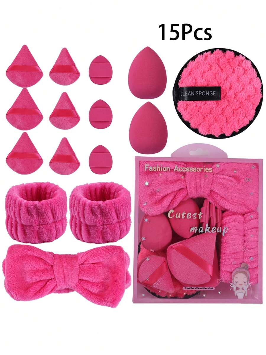 15 piezas Diadema con lazo para niñas con muñequeras para lavado de cara, esponja de limpieza, pequeñas esponjas de polvo para dedos, esponja de polvo triangular para polvo facial con caja delicada - Multicolor - Ver 1
