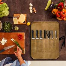 Bolsa de rollo para cuchillos de chef de lona encerada | Funda protectora de múltiples ranuras para herramientas de cocina profesionales y almacenamiento de cubiertos - Bolsa de almacenamiento de viaje con fijación segura de cuchillas & Caja de almacenamiento multifuncional - Multicolor - Ver 8