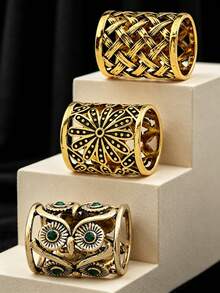 SHEEGIOR 3pcs/Set Vintage Hollow Cross Grid Chrysanthemum Owl Floral Design Scarf Buckle Clothing Veil Headscarf Ring Button Decoration - Bronze - View 3