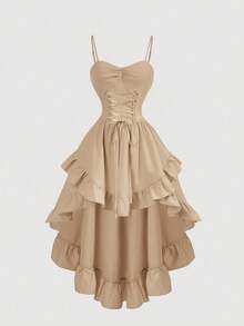 xheSHEIN MOD Vestido vintage con cuello de corazón, cruzado en la cintura, con volantes en el borde y bajo asimétrico, unicolor, para graduación en blancoxhe - Caqui - Ver 1