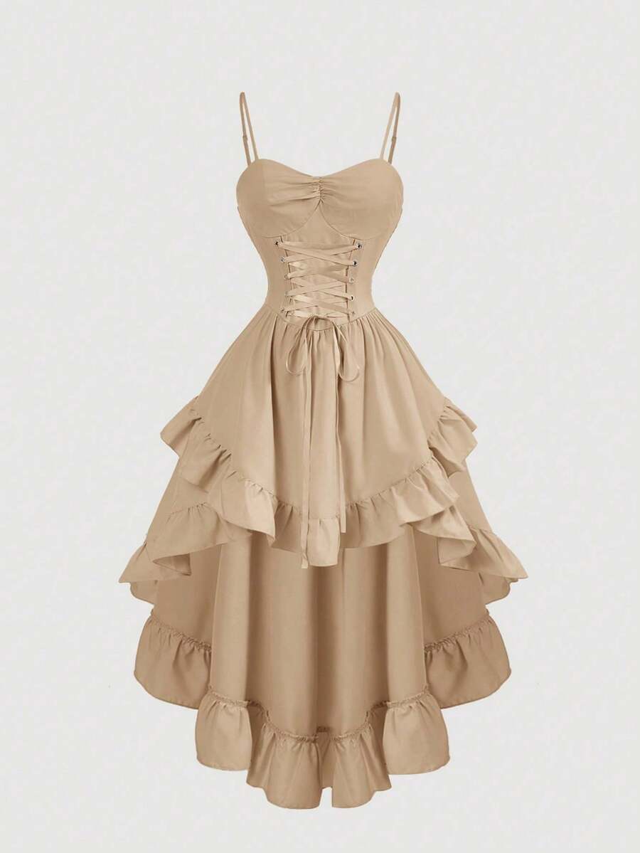xheSHEIN MOD Vestido vintage con cuello de corazón, cruzado en la cintura, con volantes en el borde y bajo asimétrico, unicolor, para graduación en blancoxhe - Caqui - Ver 1