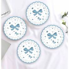 50 platos de papel de lazo azul claro de pulgadas, platos festoneados azules desechables para boda, shower, cumpleaos, plato de postre - platos de papel de lazo azul claro - Ver 5