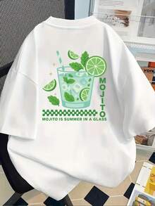 Camiseta estampada de manga corta con diseños frontales y traseros - Mojito, bebida de verano - Camiseta estampada de moda para mujer, primavera/verano, ¡tu mejor elección! - Blanco - Ver 3