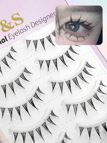 Waloshow 1 Box/2 Boxes 5 Pairs Japanese And Korean Comic Eye Sharp Tail Invisible Stem Comfortable False Eyelashes Simulation Eyelashes Lightweight Curled One-Piece Full Strip Party Daily False Eyelashes - Black - View 4